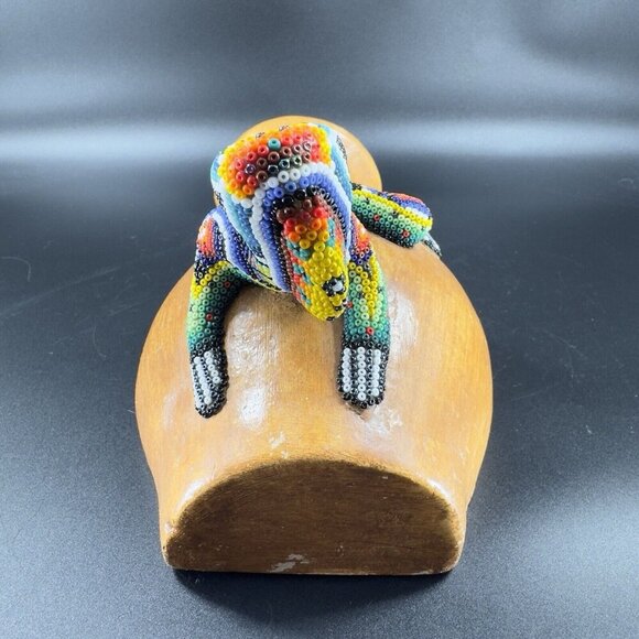 Mexican Folk Art Beaded Lizard On Pottery Wall Hanging Vase Vessel Alebrije VTG - Picture 14 of 15